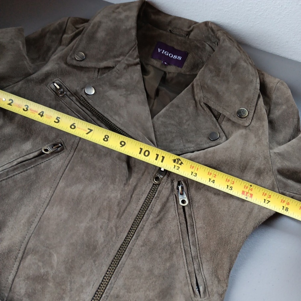 Suede Jacket Womens SMALL Moto Beige Taupe Rock Y2K‎ Leather Khaki Grunge Biker - Picture 11 of 14
